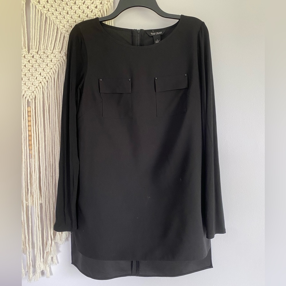 White House Black Market Long Slit Sides Tunic Top Front Pockets Blouse Size 6